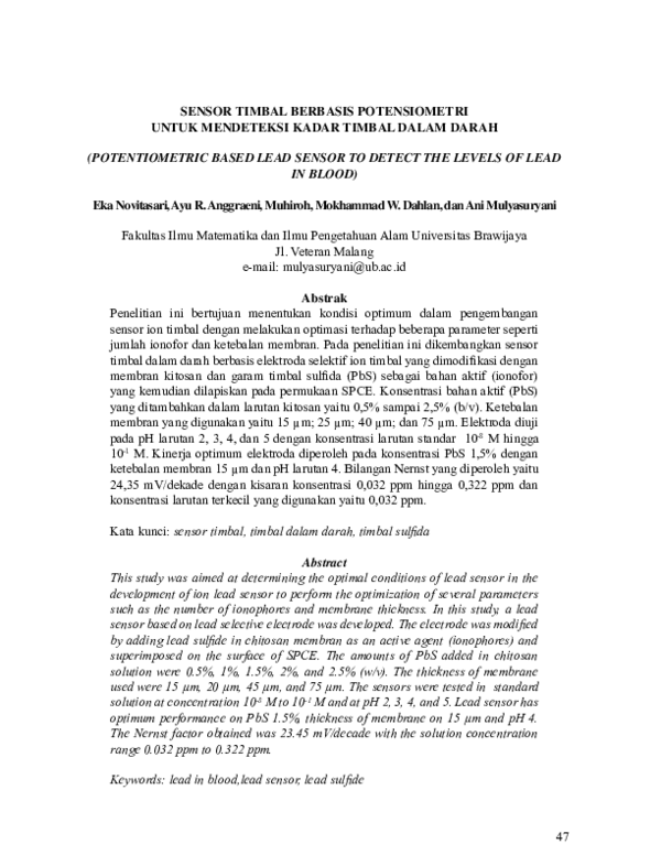 (PDF) Sensor Timbal Berbasis Potensiometri Untuk Mendeteksi Kadar