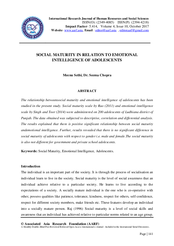 (PDF) Social Maturity in Relation to Emotional Intelligence of Adolescents
