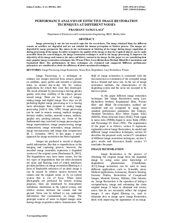 (PDF) Performance Analysis of Effective Image Restoration Techniques at ...