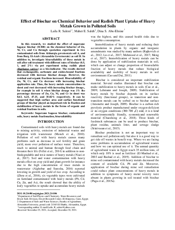 (PDF) Effect of Biochar on Chemical Behavior and Radish Plant Uptake of ...