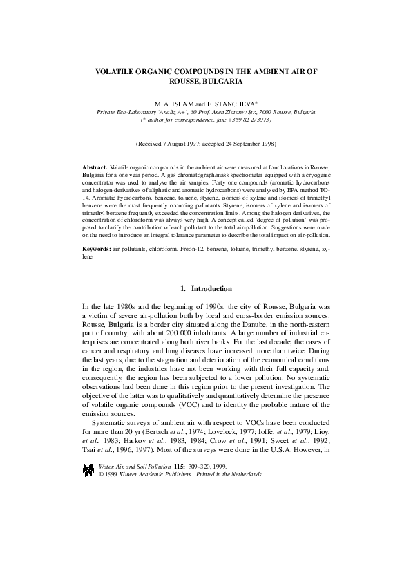 (PDF) Volatile Organic Compounds in the Ambient Air of Rousse, Bulgaria