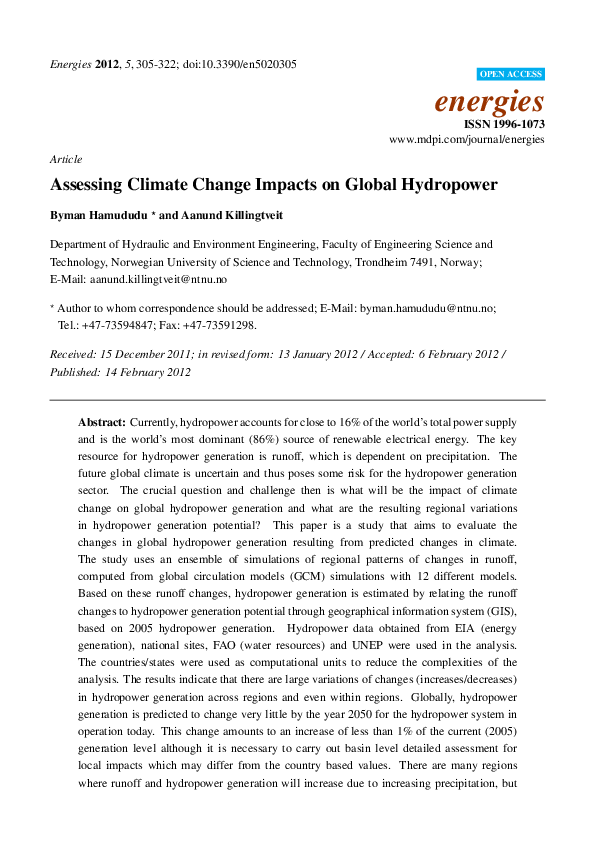 (PDF) Assessing Climate Change Impacts on Global Hydropower
