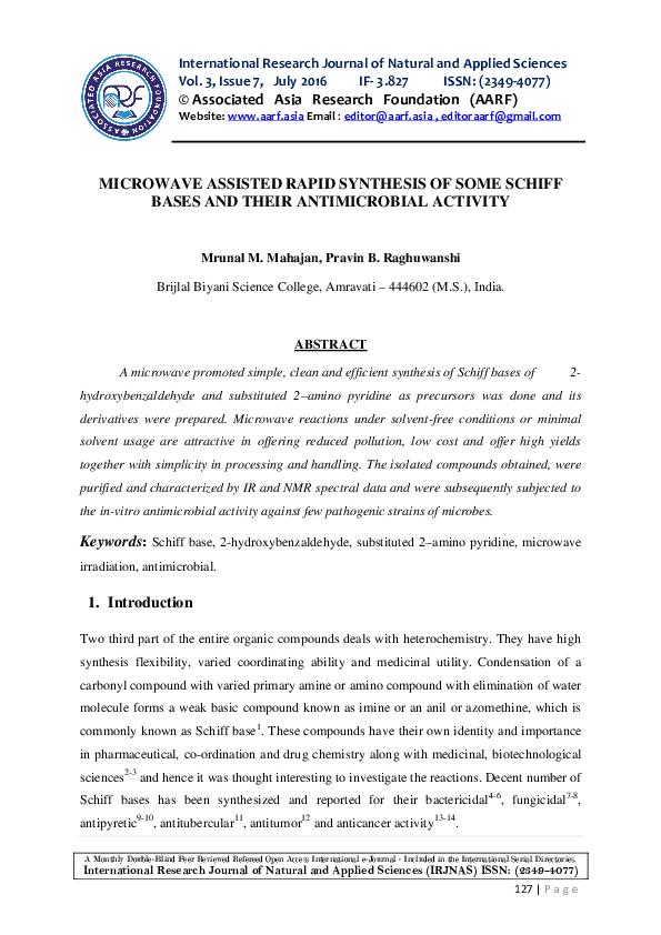 (PDF) Microwave Assisted Rapid Synthesis of Some Schiff Bases and Their ...