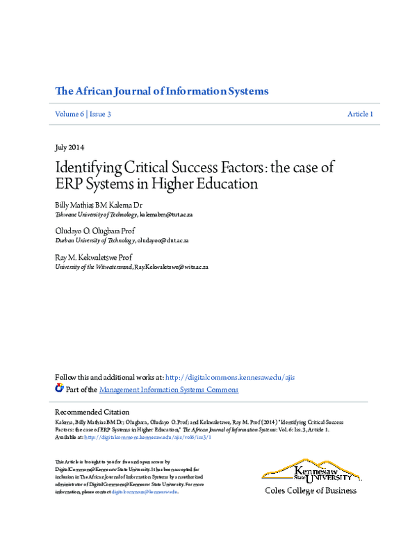 (PDF) Identifying Critical Success Factors: the case of ERP Systems in ...