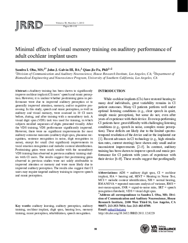 (PDF) Minimal effects of visual memory training on auditory performance ...