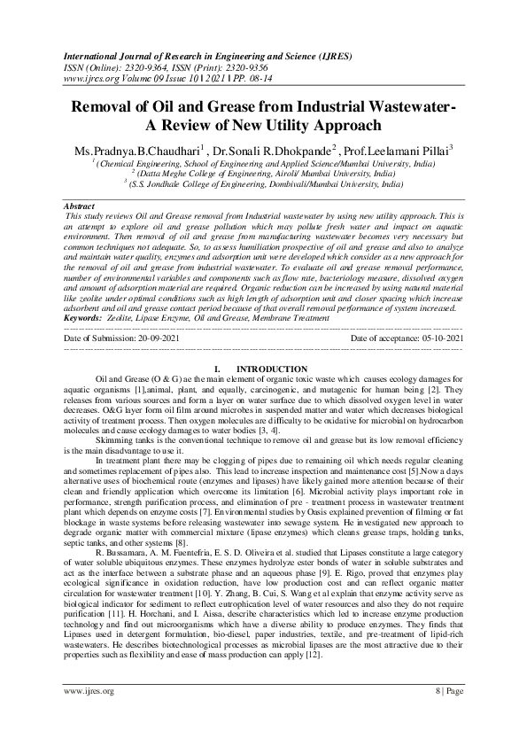 (PDF) Removal of Oil and Grease from Industrial Wastewater A Review of New Utility Approach