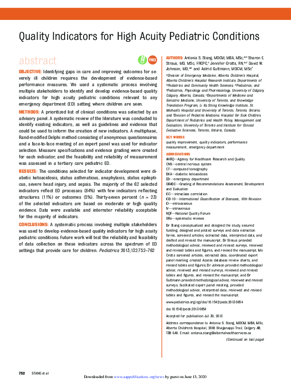 (PDF) Quality Indicators for High Acuity Pediatric Conditions