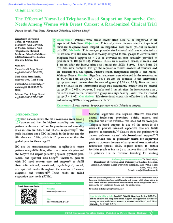 (PDF) The effects of nurse-led telephone-based support on supportive ...