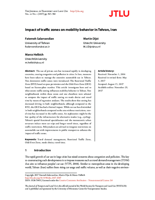 (PDF) Impact of traffic zones on mobility behavior in Tehran, Iran