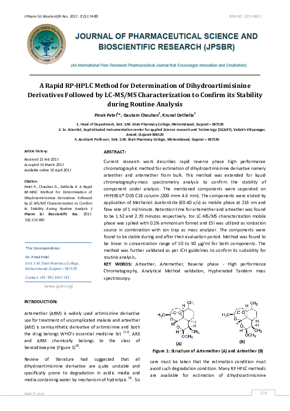 (PDF) A Rapid RP-HPLC Method for Determination of Dihydroartimisinine ...