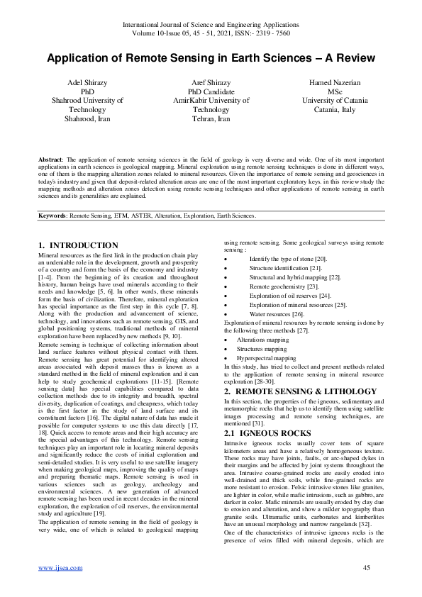 (PDF) Application of Remote Sensing in Earth Sciences – A Review