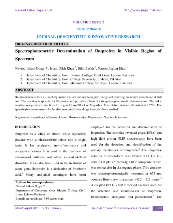(PDF) Spectrophotometric Determination of Ibuprofen in Visible Region of Spectrum bilal bashir