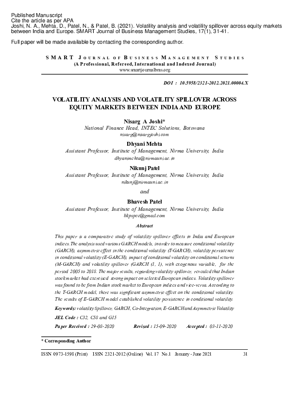 (PDF) VOLATILITY ANALYSIS AND VOLATILITY SPILLOVER ACROSS EQUITY ...