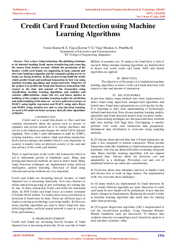 (PDF) Credit Card Fraud Detection Using Machine Learning