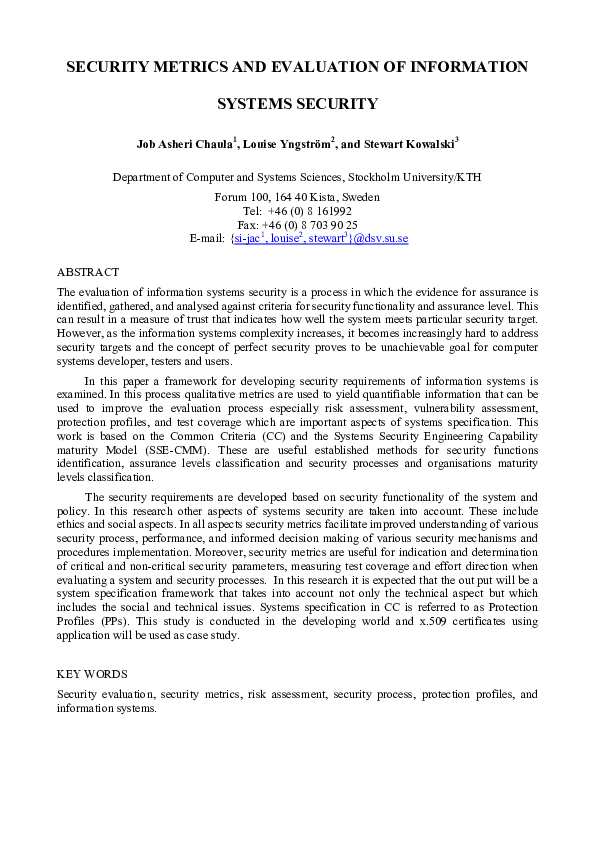 (PDF) Security Metrics and Evaluation of Information Systems Security
