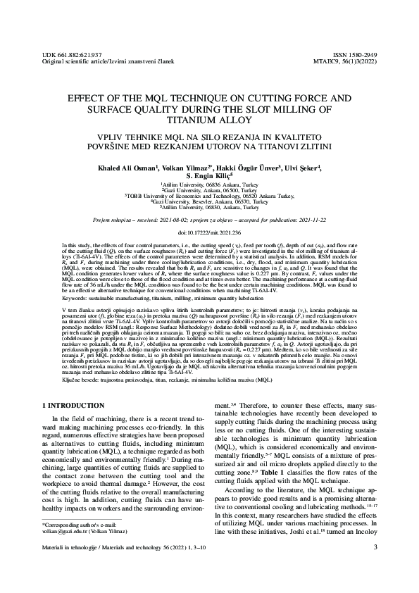 (PDF) Effect of the MQL Technique on Cutting Force and Surface Quality ...