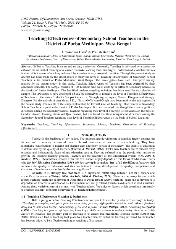 (PDF) Teaching Effectiveness of Secondary School Teachers in Relation ...