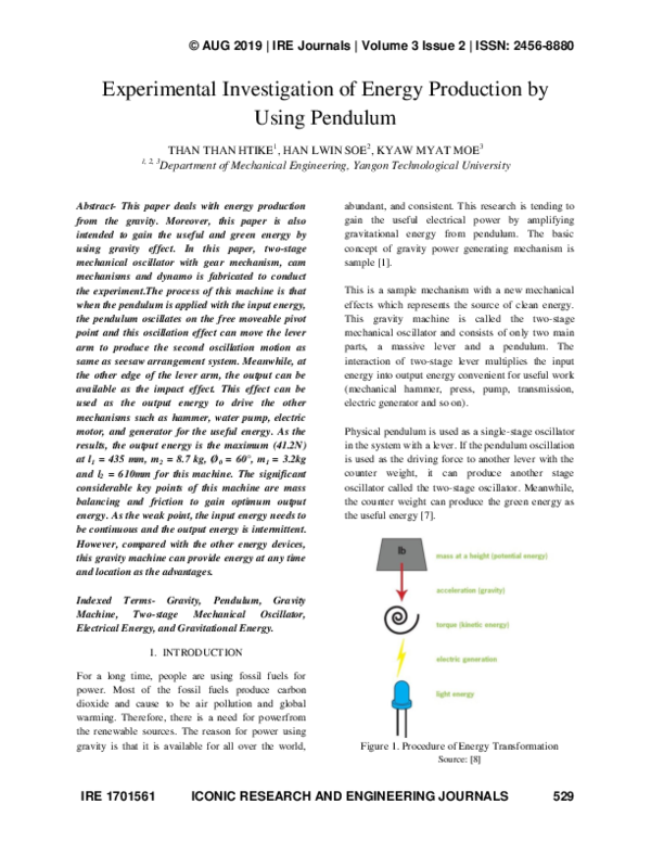 (PDF) Experimental Investigation Of Energy Production By Using Pendulum