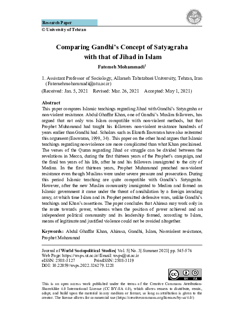 (PDF) Comparing Gandhi's Concept of Satyagraha with that of Jihad in Islam
