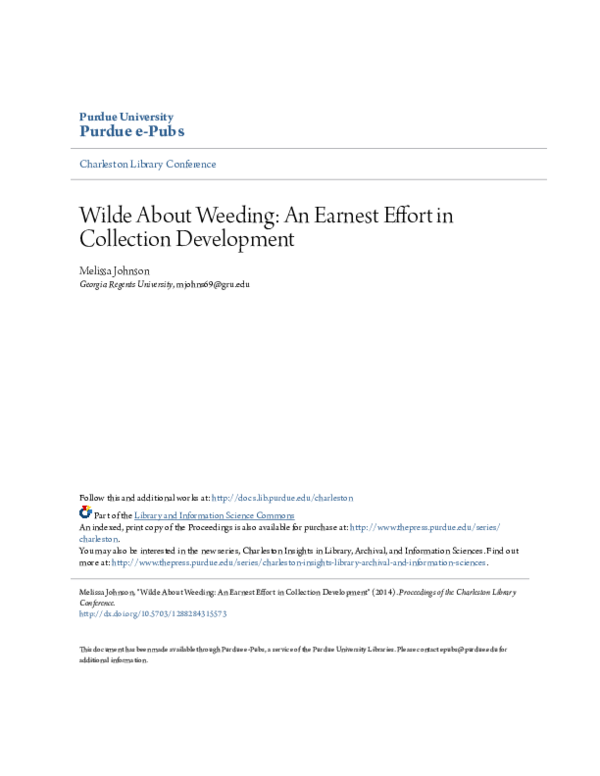 (PDF) Wilde About Weeding An Earnest Effort in Collection Development
