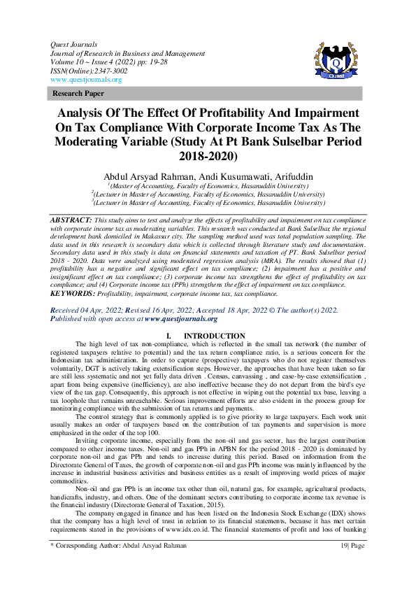 (PDF) Analysis Of The Effect Of Profitability And Impairment On Tax ...