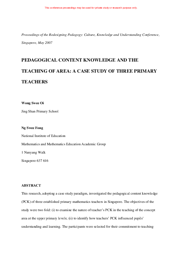 (PDF) Pedagogical content knowledge and the teaching of area: a case ...