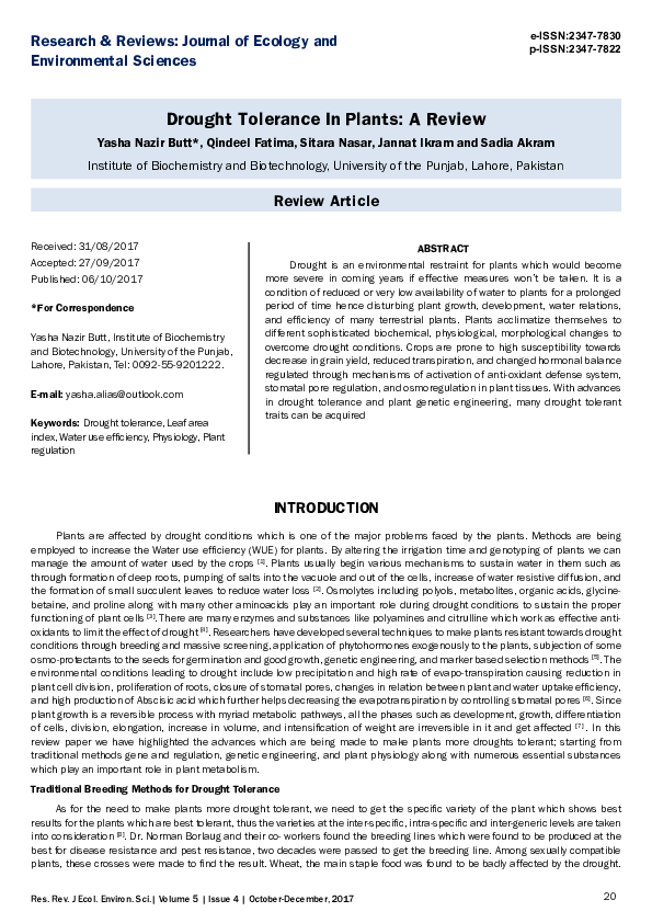 (PDF) Drought Tolerance In Plants: A Review