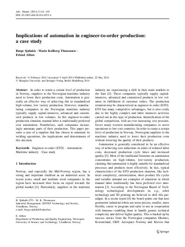 (PDF) Implications of automation in engineer-to-order production: a ...