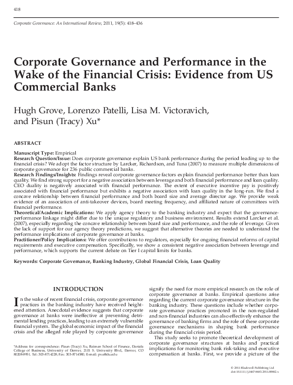 (PDF) Corporate Governance and Performance in the Wake of the Financial ...