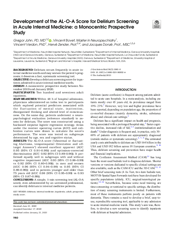 (PDF) Development of the AL-O-A Score for Delirium Screening in Acute ...