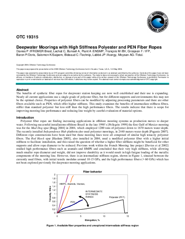 (PDF) Deepwater Moorings with High Stiffness Polyester and PEN Fiber Ropes
