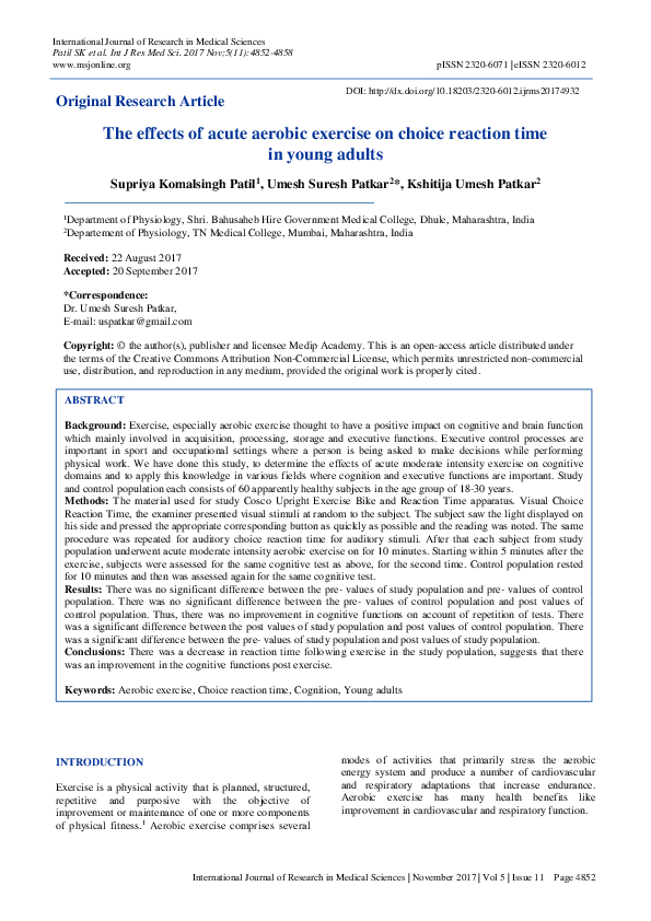 (PDF) The effects of acute aerobic exercise on choice reaction time in ...