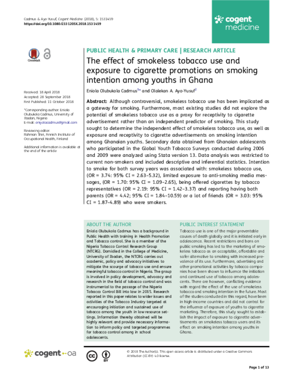 (PDF) The effect of smokeless tobacco use and exposure to cigarette ...