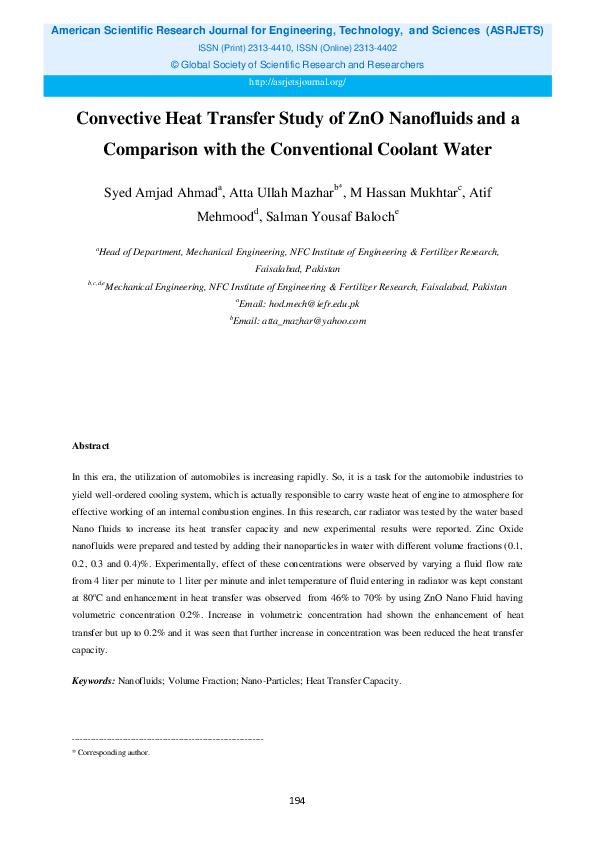 (PDF) Convective Heat Transfer Study of ZnO Nanofluids and a Comparison ...