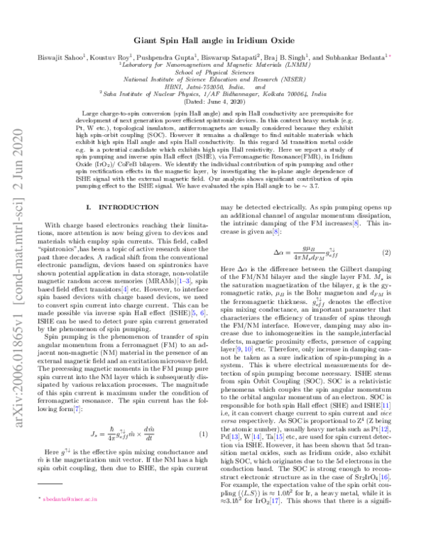 (PDF) Giant spin Hall angle in Iridium Oxide | Pushpendra Gupta ...