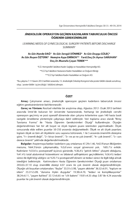 Jinekolojik Operasyon Geçiren Kadınların Taburculuk Öncesi Öğrenim Gereksinimleri