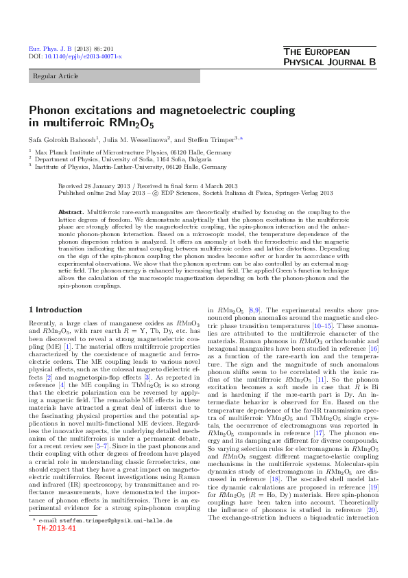 (PDF) Phonon excitations and magnetoelectric coupling in multiferroic ...