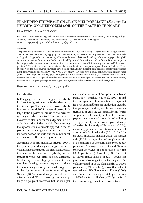 (PDF) Plant density impact on grain yield of maize (Zea mays L ...