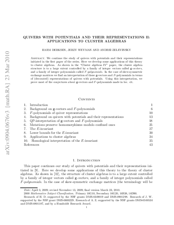 (PDF) Quivers with potentials and their representations II ...