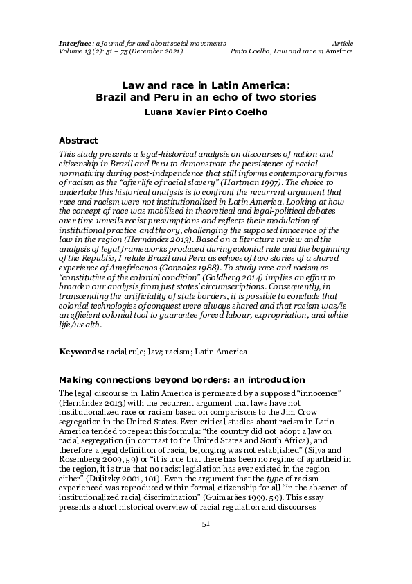 (PDF) Law and race in Latin America: Brazil and Peru in an echo of two ...