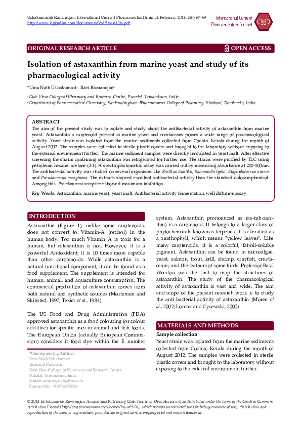 (PDF) Isolation of astaxanthin from marine yeast and study of its ...