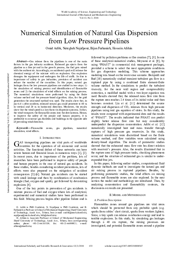 (PDF) Numerical Simulation Of Natural Gas Dispersion From Low Pressure ...