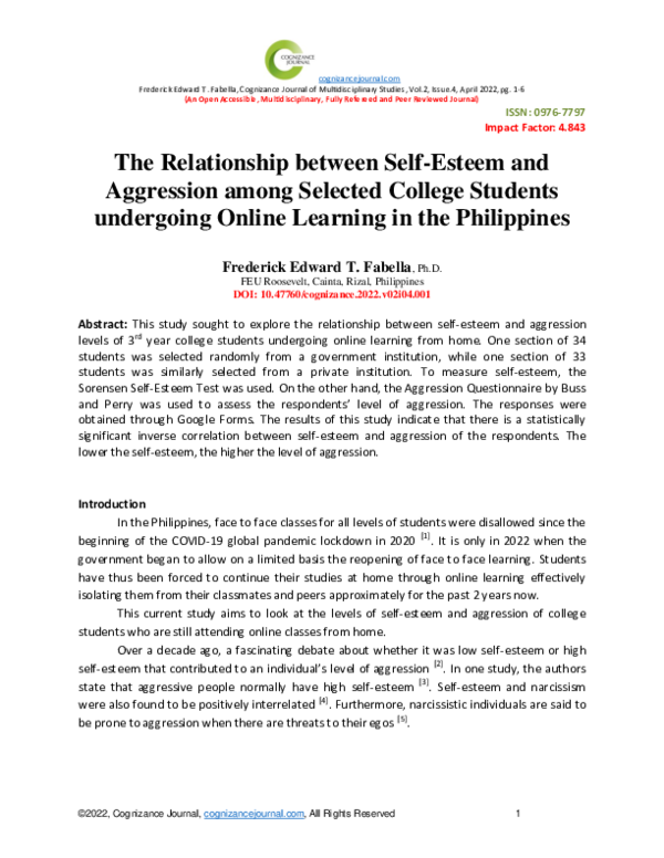 (PDF) The Relationship between Self-Esteem and Aggression among ...