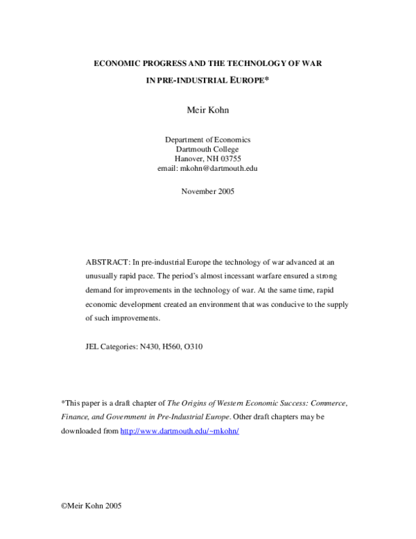 Economic Progress and the Technology of War in Pre-Industrial Europe