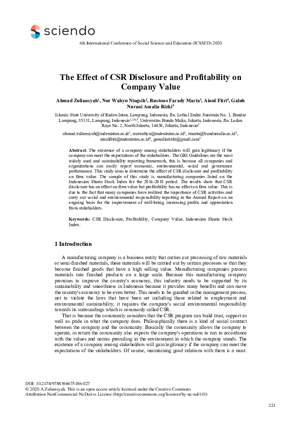 (PDF) The Effect of CSR Disclosure and Profitability on Company Value