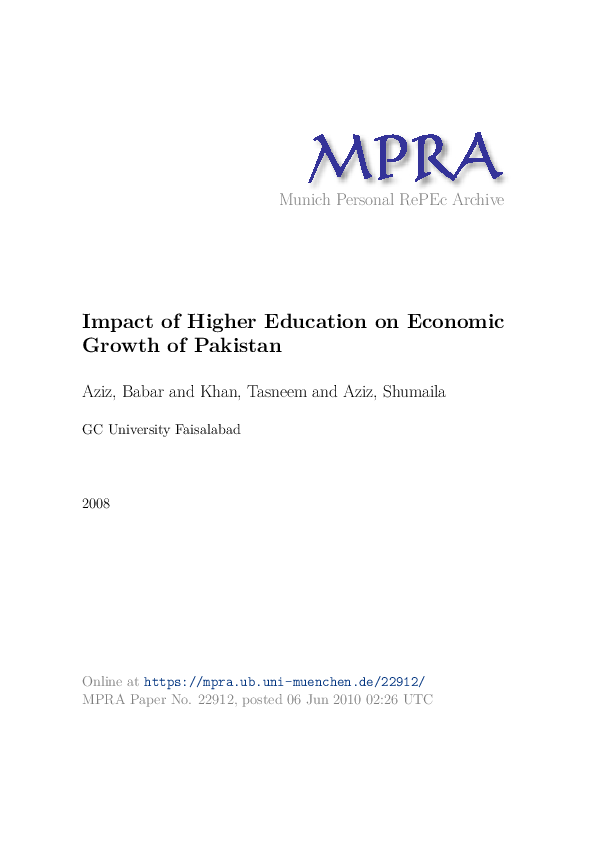 (PDF) Impact of Higher Education on Economic Growth of Pakistan
