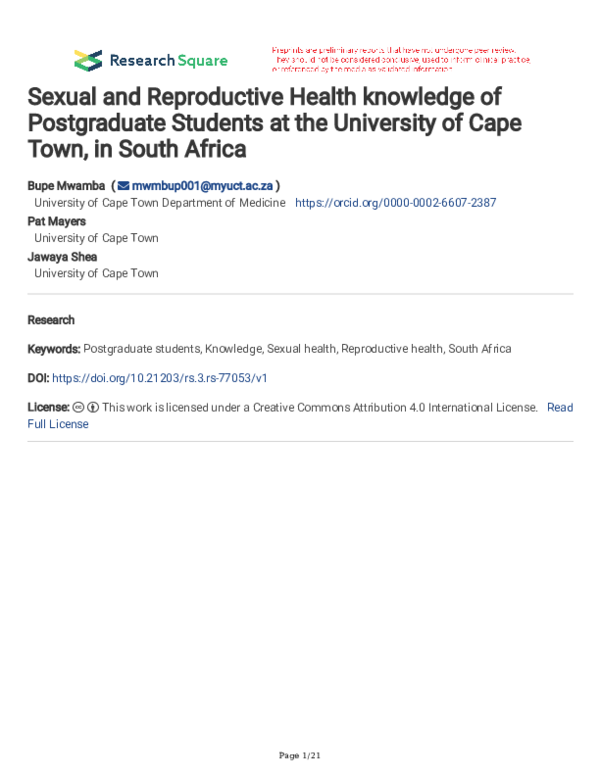 (PDF) Sexual and Reproductive Health knowledge of Postgraduate Students ...