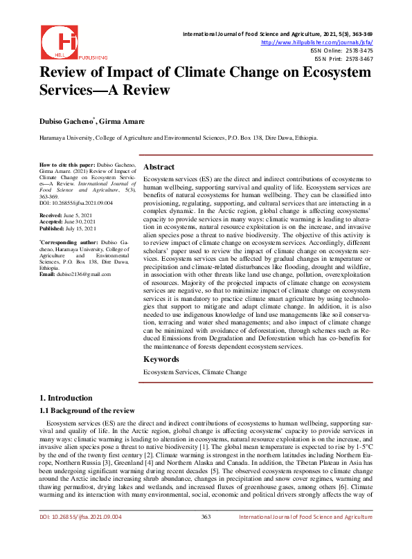 (PDF) Review of Impact of Climate Change on Ecosystem Services—A Review