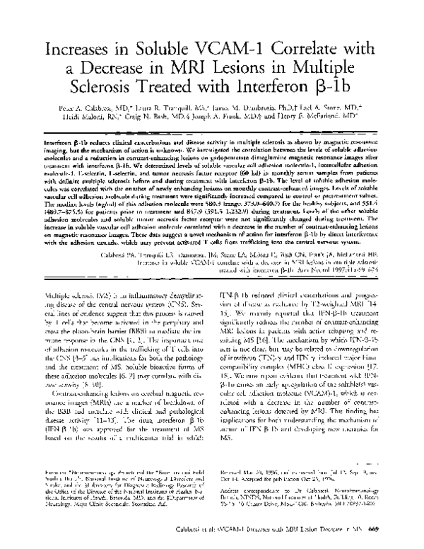 Pdf Increases In Soluble Vcam 1 Correlate With A Decrease In Mri Lesions In Multiple Sclerosis Treated With Interferon 1b Joseph Frank Academia Edu