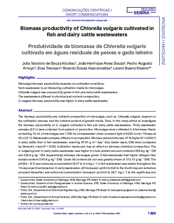(PDF) Biomass productivity of Chlorella vulgaris cultivated in fish and ...